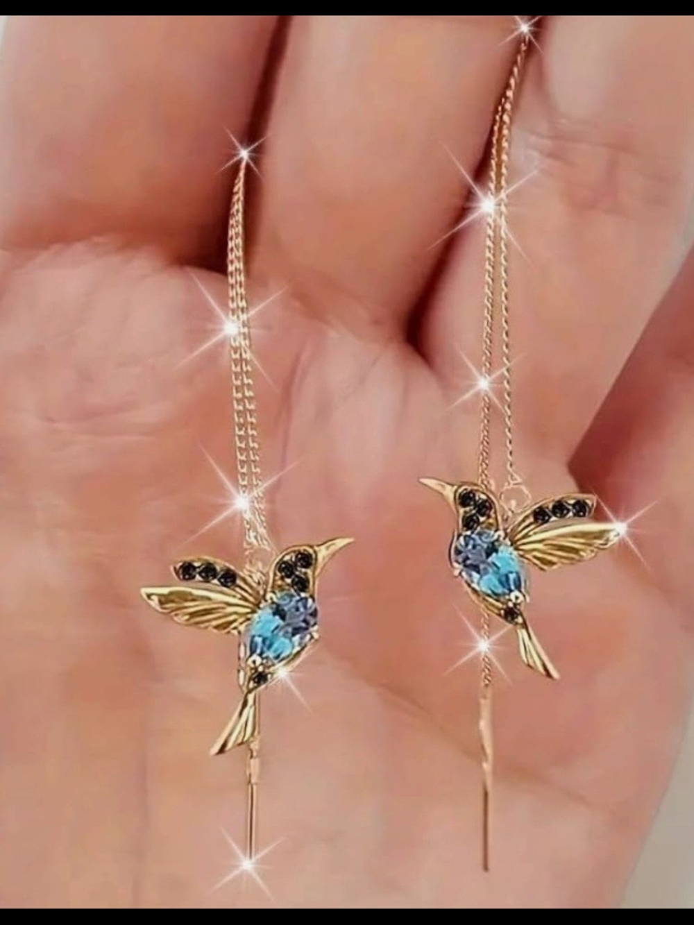 Gold Hummingbird Threader Earrings with Blue Crystals